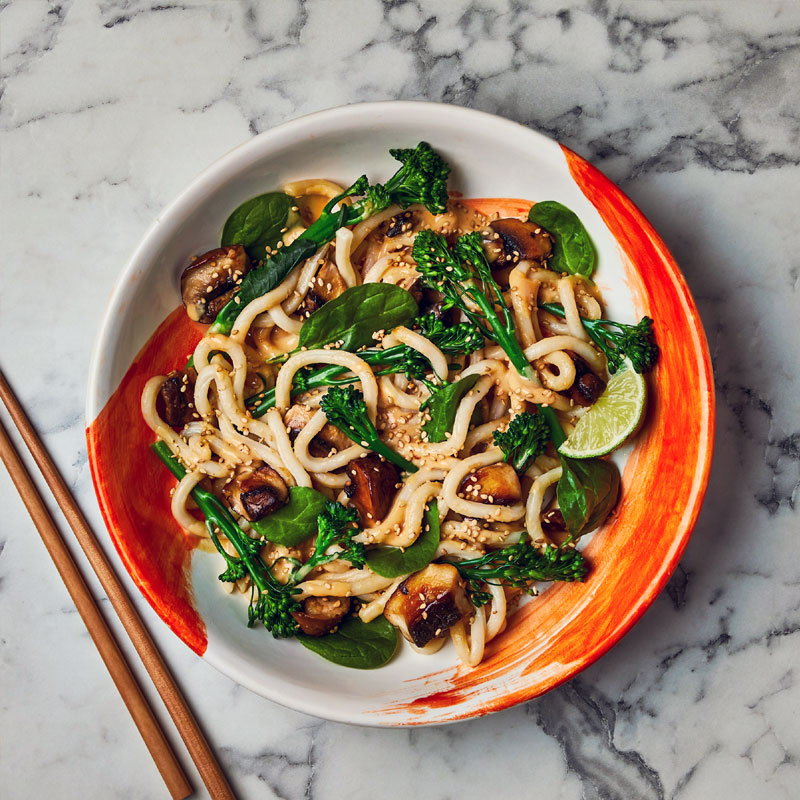Vegetable Peanut Udon in a deep bowl with lime